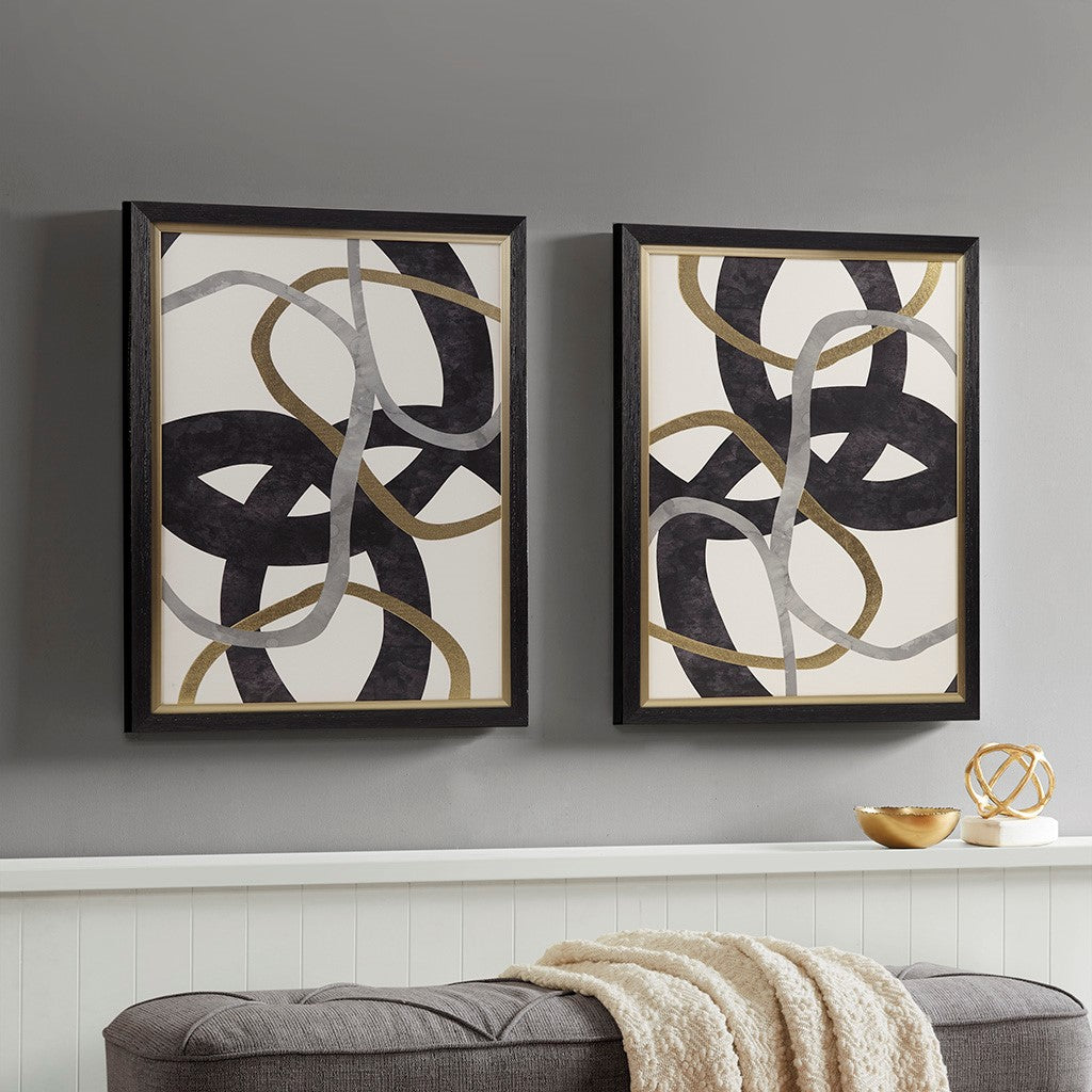 Moving Midas  Modern/Contemporary Abstract Gold Foil Framed Canvas 2 Piece Set Black 19.45x25.45x2" (2)