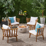 Flagler Outdoor Acacia Wood 4 Seater Club Chairs and Fire Pit Set, Teak and Light Gray Noble House