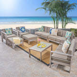 Cape Coral Outdoor Aluminum 8-Seater Sectional Sofa Set with Coffee Table and Ottomans, Silver and Khaki Noble House