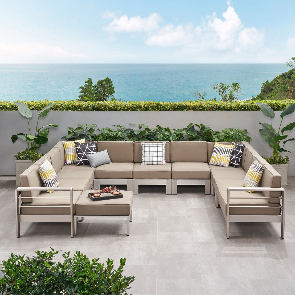 Cape Coral Outdoor 11 Seater Aluminum U-Shaped Sofa Sectional and Ottoman Set, Silver and Khaki Noble House