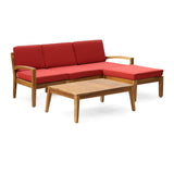 Grenada Outdoor Mid-Century Modern 3 Seater Acacia Wood Sectional Sofa with Coffee Table and Ottoman, Teak and Red Noble House