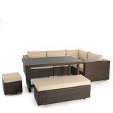 Santa Rosa Outdoor 7 Seater Multibrown Dining Sofa Set with Aluminum Frame and Beige Water Resistant Cushions Noble House
