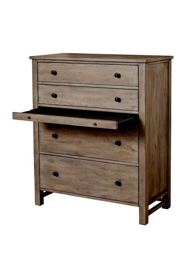 Classic 5 Drawer Chest in Natural Gray Finish with Pullout Shelf and Felt Lined Top Drawer, Elegant!
