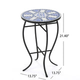 Han Outdoor Blue and White Ceramic Tile Side Table with Iron Frame Noble House