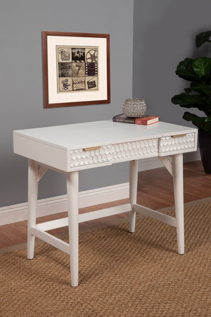 White Pearl Bedroom Vanity - Contemporary Mahogany Design with Textured Drawers & Hidden Mirror Storage