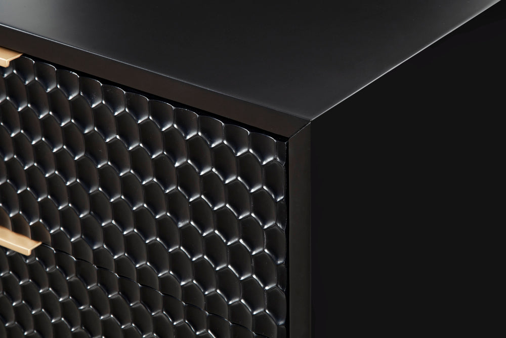 Black Pearl 3-Drawer Chest - Contemporary Mahogany Storage with Gold Accents & Textured Design