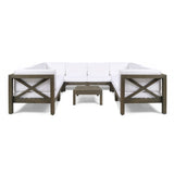 Noble House Brava Outdoor Acacia Wood 8 Seater U-Shaped Sectional Sofa Set with Coffee Table, Gray and White