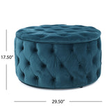 Zelfa Modern Glam Tufted Velvet Round Ottoman, Dark Teal and Black Noble House