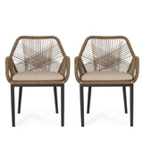 Russel Outdoor Wicker Dining Chair with Cushion, Light Brown and Beige - Set of 2