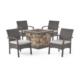 Cordoba Patio Fire Pit Set, 4-Seater with Club Chairs, Wicker with Outdoor Cushions, Gray, Light Gray, Stone Finish Noble House