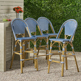 Kinner Outdoor Aluminum French Barstools, Dark Teal, White, and Bamboo Finish Noble House