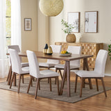 Noble House Orrin Mid-Century Modern 7 Piece Dining Set, Light Beige and Walnut