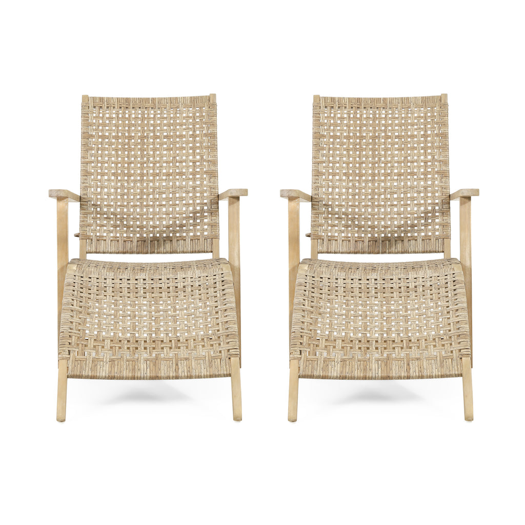 Hartwell Outdoor Wicker Lounge Chairs with Ottoman, Light Brown and Light Multibrown Noble House