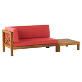 Brava Outdoor Acacia Wood Left Arm Loveseat and Coffee Table Set with Cushion, Teak and Red Noble House