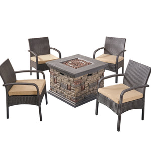 Cordoba Patio Fire Pit Set, 4-Seater with Club Chairs, Wicker with Outdoor Cushions, Brown, Tan, Stone Finish Noble House