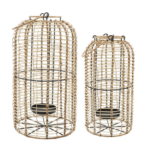 Sagebrook Home Contemporary Rattan, Set of 2 -  15/18" Hurricane Candle Holder, Nat 16470 Brown Iron