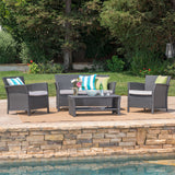 Santa Lucia Outdoor 4 Piece Grey Wicker Chat Set with Silver Water Resistant Cushions Noble House