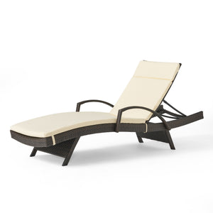 Salem Outdoor Wicker Adjustable Chaise Lounge with Arms w/ IVORY Cushion Noble House