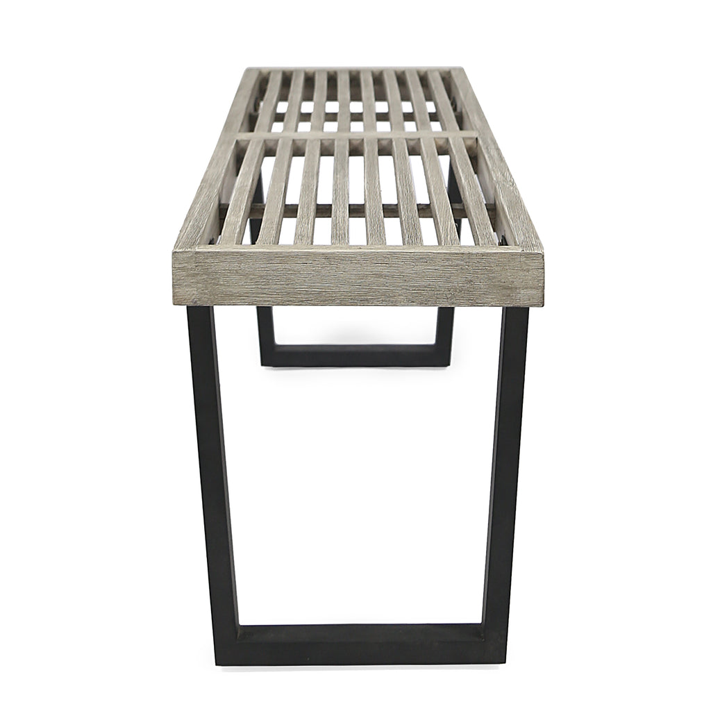Fresno Patio Dining Bench, Acacia Wood with Iron Legs, Modern, Contemporary, Wire-Brushed Light Gray Wash and Black Noble House