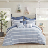 Madison Park Signature Noble Casual 100% Cotton Woven Stripes Pieced 9pcs Comforter Set Blue King MPS10-483