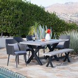 Waltonia Outdoor 6 Piece Mixed Black Wicker Dining Set with Light Gray Finished Lightweight Concrete Dining Table and Bench Noble House