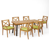 Juniper Outdoor 7-Piece Acacia Wood and Iron Dining Set, Teak and Rustic Metal and Green