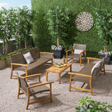 Hampton Outdoor 5 Piece Wood and Wicker Sofa Chat Set, Mixed Mocha Noble House
