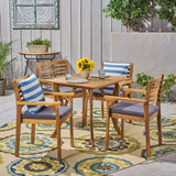 Casa Acacia Patio Dining Set, 4-Seater, 32" Square Table with Carved Legs, Teak Finish, Dark Gray Outdoor Cushions Noble House