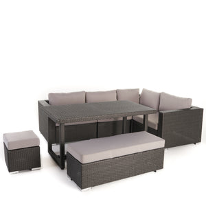 Santa Rosa Outdoor 7 Seater Grey Dining Sofa Set with Aluminum Frame and Silver Water Resistant Cushions Noble House