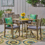 Casa Acacia Patio Dining Set, 4-Seater, 32" Square Table with Carved Legs, Gray Finish, Dark Gray Outdoor Cushions Noble House
