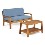 Grenada Loveseat and Coffee Table Set for Patio, Acacia Wood, Teak Finish with Blue Outdoor Cushions Noble House