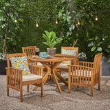 Casa Acacia Patio Dining Set, 4-Seater, 47" Round Table with X-Legs, Teak Finish, Cream Outdoor Cushions Noble House