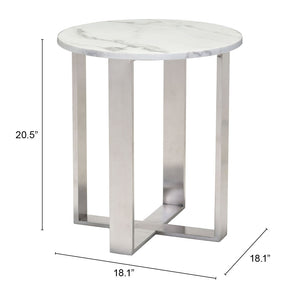 Zuo Modern Atlas Composite Stone, Stainless Steel Modern Commercial Grade End Table White, Silver Composite Stone, Stainless Steel