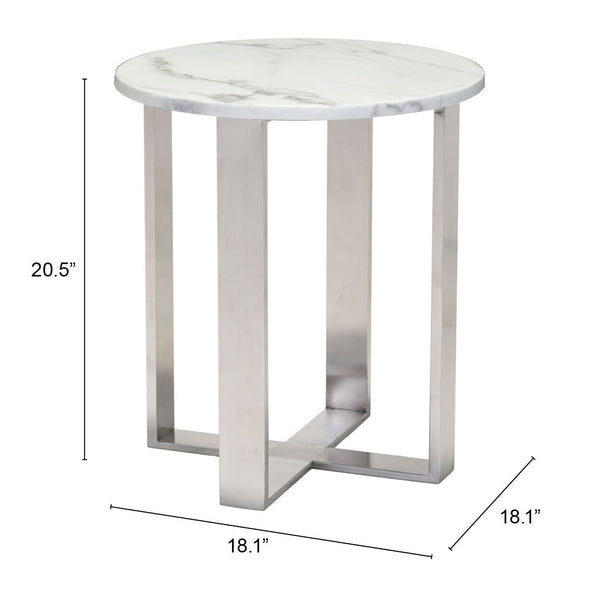 Zuo Modern Atlas Composite Stone, Stainless Steel Modern Commercial Grade End Table White, Silver Composite Stone, Stainless Steel