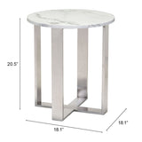 Zuo Modern Atlas Composite Stone, Stainless Steel Modern Commercial Grade End Table White, Silver Composite Stone, Stainless Steel