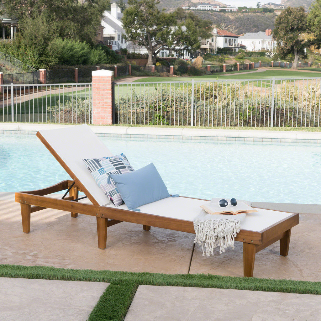Summerland Outdoor White Mesh Chaise Lounge with Teak Finished Acacia Wood Frame Noble House