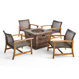 Hampton Outdoor 4 Piece Wood and Wicker Club Chair Set with Fire Pit