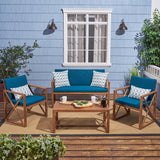 Andora Outdoor Acacia Wood 4 Piece Chat Set with Cushions, Brown and Dark Teal Noble House