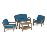 Grenada Patio Conversation Set with Coffee Table, 4-Seater, Acacia Wood, Gray Finish with Teal Outdoor Cushions Noble House
