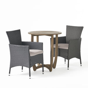 Ellie Outdoor 3 Piece Wood and Wicker Bistro Set, Gray and Gray Noble House