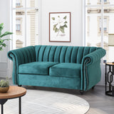 Noble House Glenmont Modern Glam Channel Stitch Velvet Loveseat with Nailhead Trim, Teal and Dark Brown