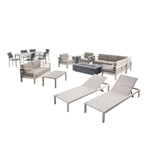 Cape Coral Outdoor 18 Piece Aluminum Estate Collection with Fire Pit, Silver, Gray, and Dark Gray Noble House