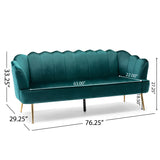 Reitz Modern Glam Velvet Channel Stitch 3 Seater Shell Sofa, Teal and Gold   Noble House