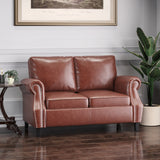 Noble House Lawton Contemporary Faux Leather Loveseat with Nailhead Trim, Cognac Brown and Dark Brown