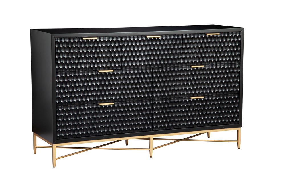 Black Pearl Dresser - Contemporary 7-Drawer Storage with Textured Fronts & Gold Accents for Elegance