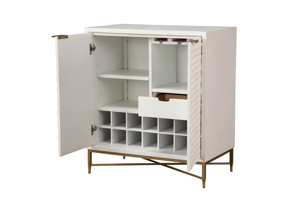White Pearl Bar Cabinet – Contemporary Mahogany Design with Gold Accents & Ample Storage for Entertaining