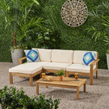 Noble House Santa Ana Outdoor 3 Seater Acacia Wood Sofa Sectional with Cushions, Light Brown and Cream