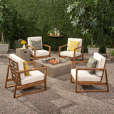 Belgian Outdoor 4 Seater Chat Set with Fire Pit, Teak Finish, Beige, and Light Gray Noble House