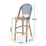 Kinner Outdoor Aluminum French Barstools, Navy Blue, White, and Bamboo Finish Noble House