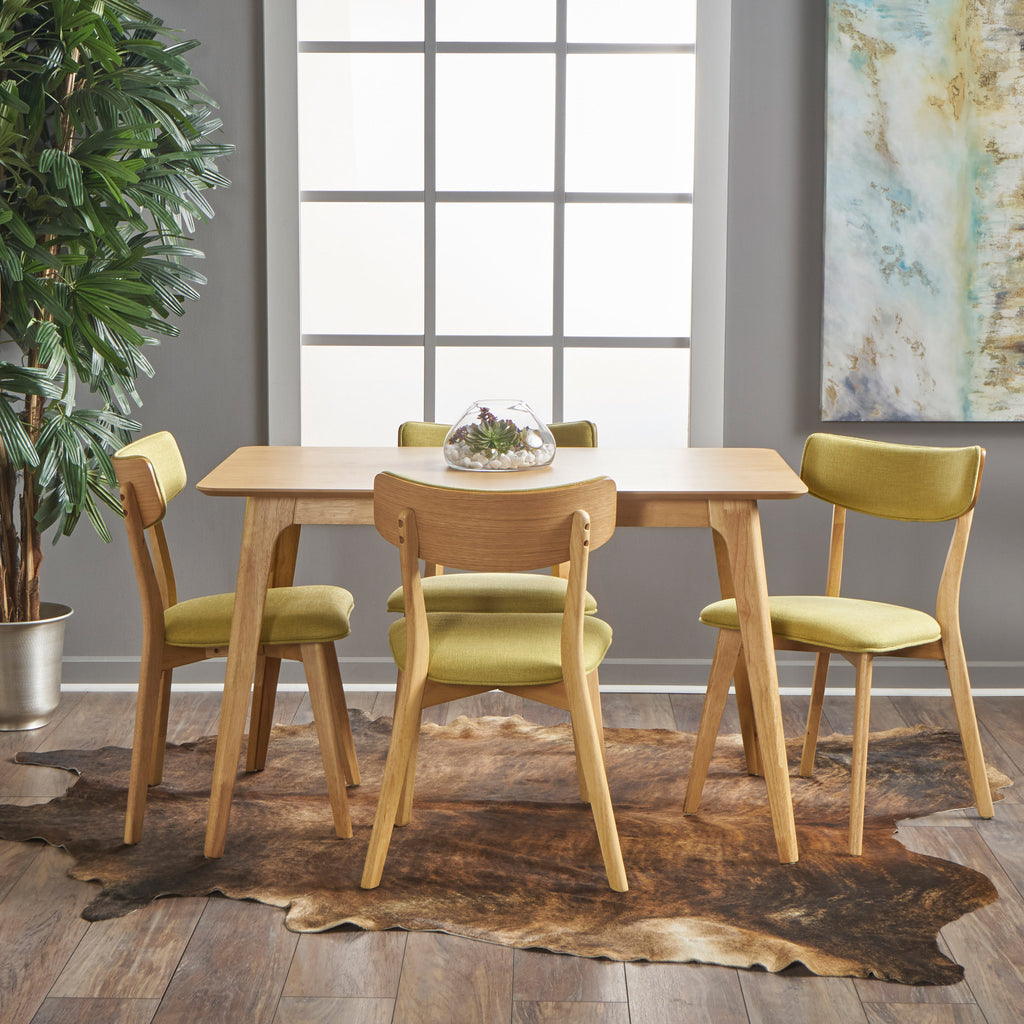 Megann Mid Century Natural Oak Finished 5 Piece Wood Dining Set with Green Tea Fabric Chairs Noble House